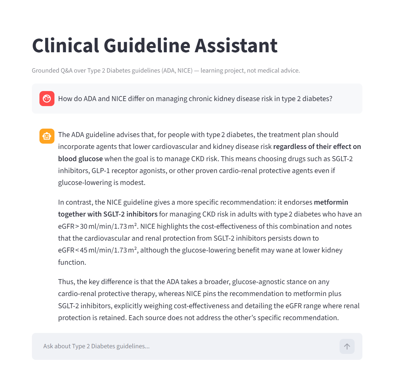 Demo screenshot: question about ADA vs NICE on chronic kidney disease risk, answered with ADA's broad glucose-agnostic guidance in one paragraph and NICE's specific metformin plus SGLT-2 inhibitor recommendation in another, plus a closing paragraph naming the key difference.