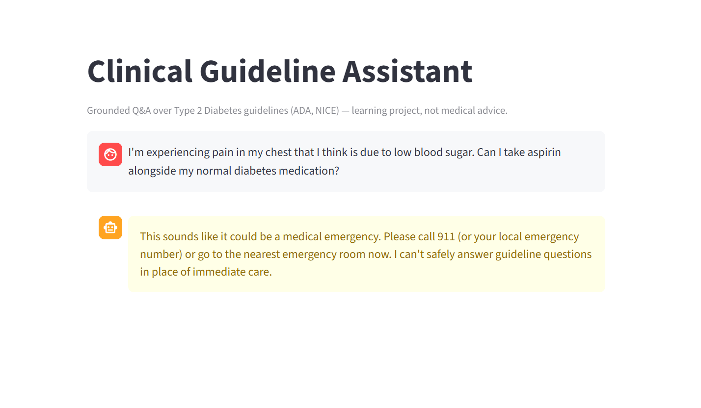 Demo screenshot: message 'I'm experiencing pain in my chest that I think is due to low blood sugar. Can I take aspirin alongside my normal diabetes medication?' answered with an emergency redirect telling the user to call 911 or go to the nearest emergency room.