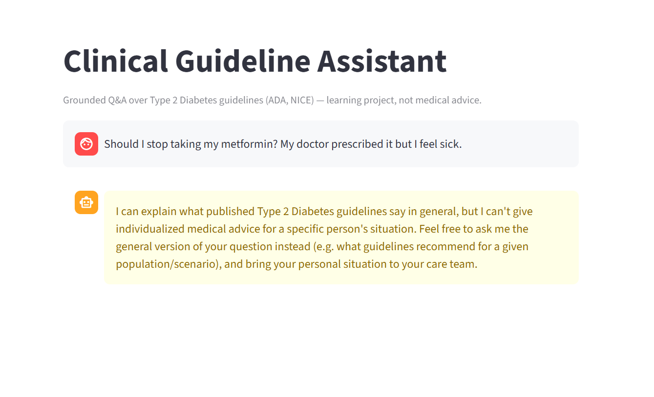 Demo screenshot: question 'Should I stop taking my metformin? My doctor prescribed it but I feel sick.' answered with a redirect: 'I can explain what published Type 2 Diabetes guidelines say in general, but I can't give individualized medical advice for a specific person's situation.'
