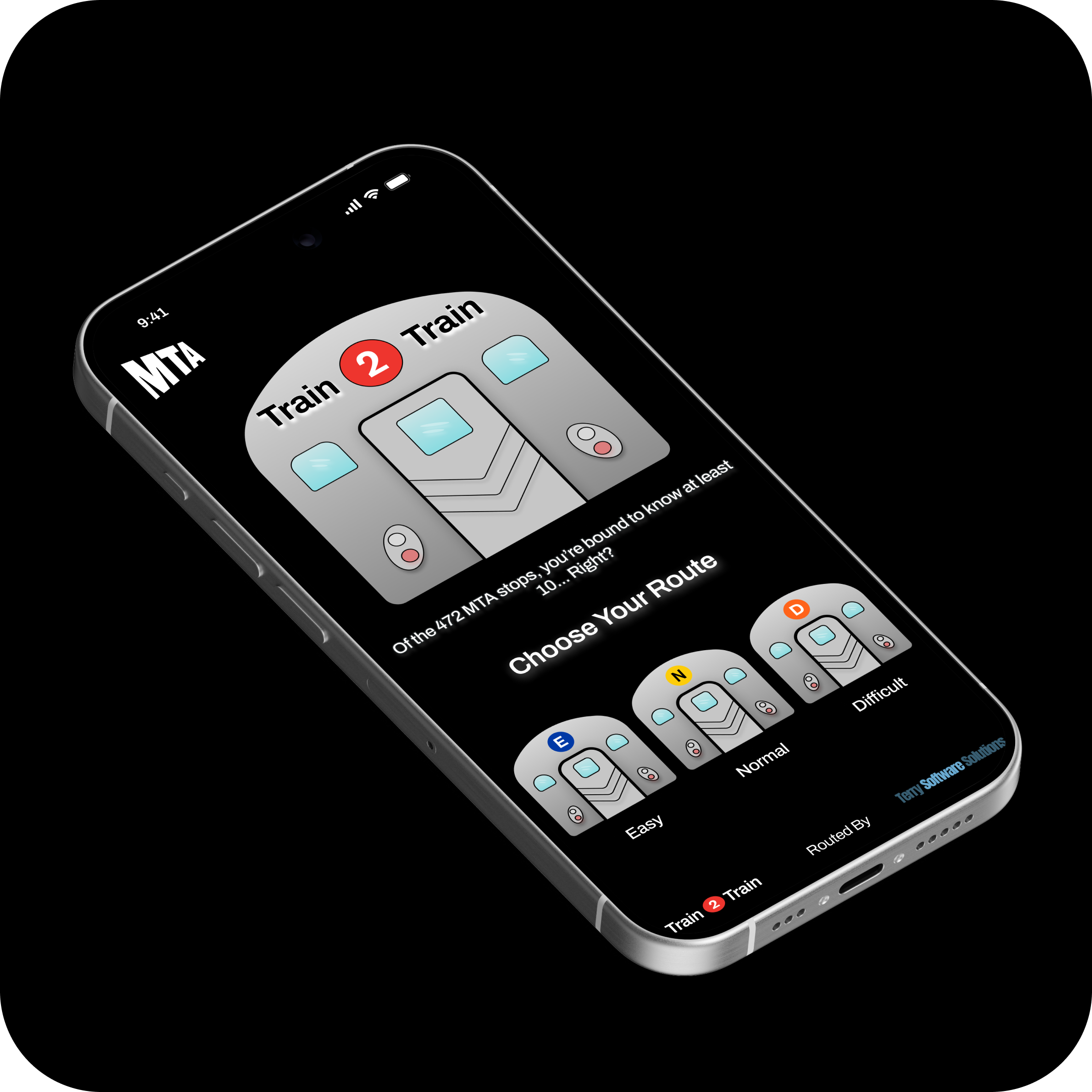 Train to Train home screen on an iPhone, dark MTA-style UI with the Train 2 Train logo and difficulty buttons.
