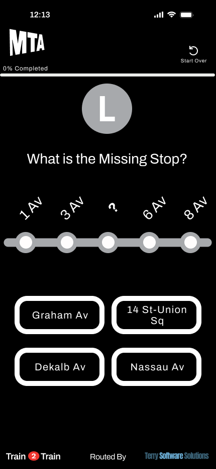 Final mockup of a Train to Train question screen for the L line.
